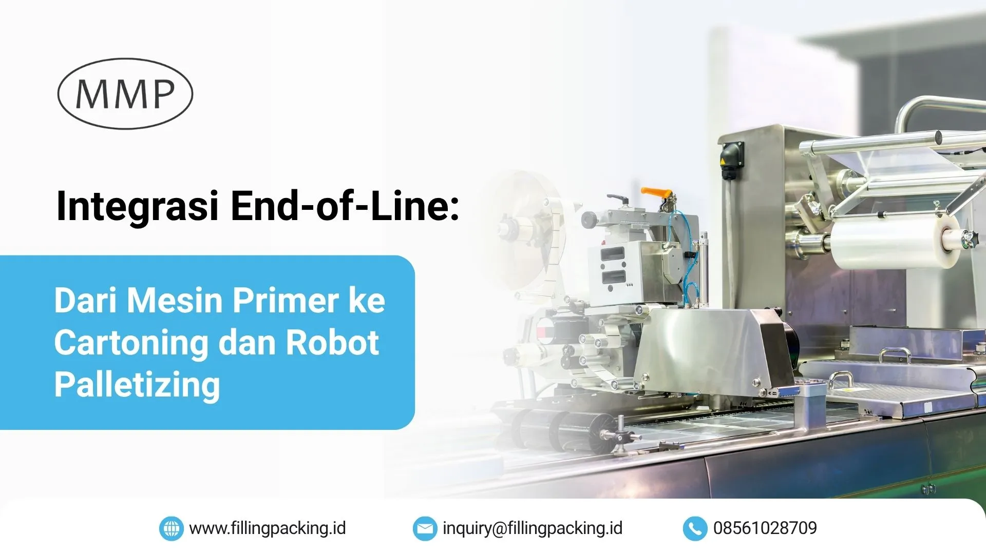 Banner artikel integrasi end-of-line dari mesin primer ke cartoning dan robot palletizing