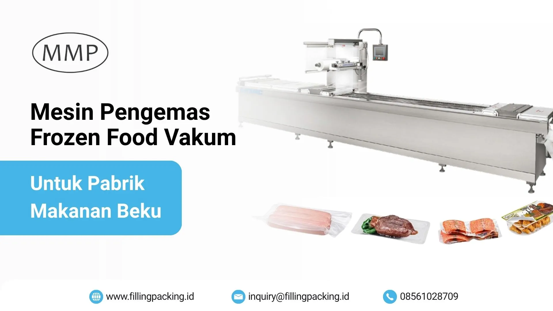 Mesin Pengemas Frozen Food Vakum untuk Pabrik Makanan Beku Banner mesin pengemas frozen food vakum dengan contoh kemasan sosis, daging, dan salmon